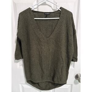 Express V Neck Sweater XS Olive Green Dolman 3/4 Sleeve High Low